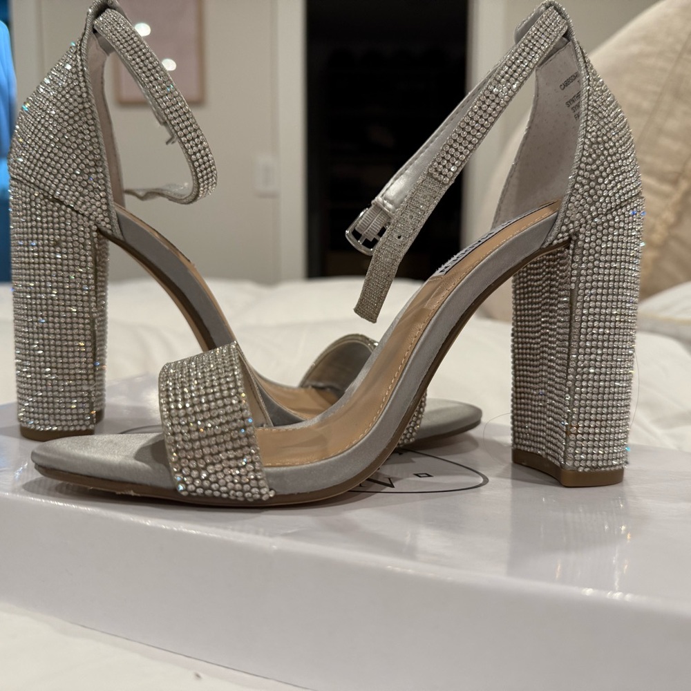Steve Madden Silver Crystal Block Heel Sandals